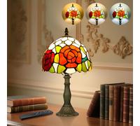 Tiffany Style Table Lamp for Bedroom - Remote Control Stained Glass Lamp with Timer, Stepless Dimmable and Colorful Glass Shade Bedside Lamps for Living Room Office, Bulb Included (Three Roses)