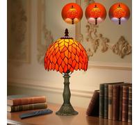 Tiffany Style Table Lamp for Bedroom - Remote Control Stained Glass Lamp with Timer, Stepless Dimmable and Colorful Glass Shade Bedside Lamps for Living Room Office, Bulb Included (Orange)