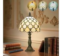 Tiffany Style Table Lamp for Bedroom - Remote Control Stained Glass Lamp with Timer, Stepless Dimmable and Colorful Glass Shade Bedside Lamps for Living Room Office, Bulb Included (Cream Amber Pearl)