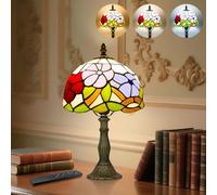 Tiffany Style Table Lamp for Bedroom - Remote Control Stained Glass Lamp with Timer, Stepless Dimmable and Colorful Glass Shade Bedside Lamps for Living Room Office, Bulb Included (Three Flowers)