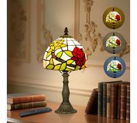 Tiffany Style Table Lamp for Bedroom - Remote Control Stained Glass Lamp with Timer, Stepless Dimmable and Colorful Glass Shade Bedside Lamps for Living Room Office, Bulb Included (Double Roses)