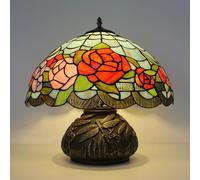 Tiffany Style Table Lamp with Dragonfly Base and Rose Stained Glass Lampshade, Elegant Desk Light for Bedroom, Living Room, and Office