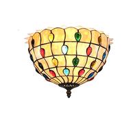 Tiffany Style Yellow Glass Lampshade Hand-Made Ceiling Light Semi Flush Mount 12 Inches Crystal Bead LED Lamps for Dinner Room Hallway