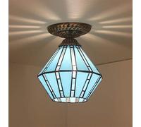 Tiffany Styled Vintage Blue Lantern Ceiling Light, Semi-Flush Mounted Retro Style E27 Industrial Ceiling Light Fixture,Stained Glass Lampshade for Bedroom Living Room Hallway