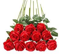 Tifuly 12Pcs Artificial Red Roses Flowers Bloom Single Long Stem Fake Rose