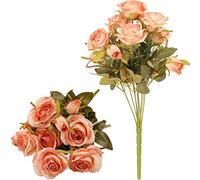 Tifuly 2 Pack Artificial Rose Bouquets, 16.9 inch Silk Roses Fake Flower 9 Branches 12 Heads Bouquet for Home Office Wedding Decoration, Floral Arrangement, Centerpieces(Champagne pink)