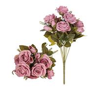 Tifuly Artificial Rose Bouquets, 16.9inch Multiple Blossom Roses Heads and Buds Silk Fake Flower Bouquet for Home Office Wedding Decoration, Floral Arrangement, Centerpieces, Pack of 2 (Dark Pink)