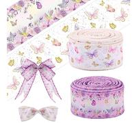Tigeen 2 Rolls 20 Yards Purple Butterfly Ribbon for Baby Shower 1.5" Wired Edge Burlap Floral Butterfly Spring Ribbon for Gift Wrapping Bow Wreath Making for DIY Crafts Birthday Wedding Party Decor