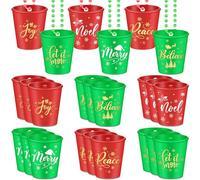 Tigeen 24 Christmas Shot Glass Necklaces Christmas Plastic Shot Cup on Beaded Necklace Red Green Xmas Necklace Cup for Holiday Birthday Party Supplies (Joy)