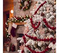 Tigeen Burgundy 9.8 ft Christmas Garland Decoration Burgundy Flocked Beads Strand for Xmas Tree Rustic Wood Felt Beaded Banner Holiday Hanging Decor for Indoor Outdoor Mantel Fireplace Wall