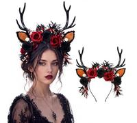 Tigeen Halloween Goth Antler Headband for Women Dark Fairy Headpiece | Gothic Dark Forest Styling, Built-in Deer Ears, Decorated with Roses Skull Spider, for Halloween Cosplay Renaissance Faire