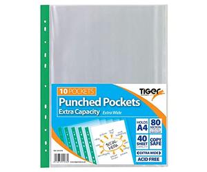 Tiger 10 x A4 Extra Capacity SINGLE Large Punched Pockets