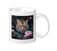 Tiger 11oz Tea Cup 11 Oz Lightweight Ceramic Tea Cup with Floral and River Leaves and Leaves, Lake, Orange, Pink and Green, Set of 1