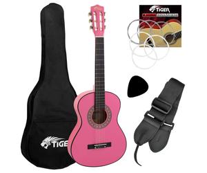 Tiger 3/4 Size Childrens Classical Guitar Pack with Gig Bag, Strap & Picks- Pink