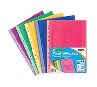 Tiger A4 50 Coloured Plastic Wallets Clear Strong Punched Ring Binder File Pockets,Blue/Green/Multicolour/Pink/Purple/Yellow,Medium