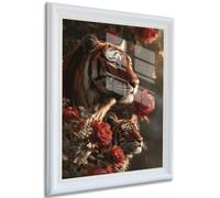 Tiger and Cub Canvas Wall Art, Floral Jungle Animal Picture, Rose Butterfly Wildlife Print for Living Room Wall Decor 8x10in White Frame