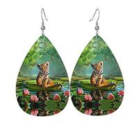 Tiger And Lotus Flowers Pvc Artificial Leather Dangle Earrings, Hook Is 925 Silver Plated Material