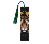 Tiger and Sunflower on Black Background Bookmark, Wooden Bookmarks for Book Lovers Handmade Wood Book Mark with Tassel Reading Page Markers Ornament Wooden Gift Tags Labels for Craft Decorations