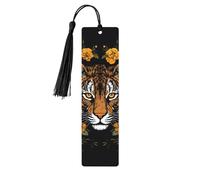 Tiger and Sunflower on Black Background Bookmark, Wooden Bookmarks for Book Lovers Handmade Wood Book Mark with Tassel Reading Page Markers Ornament Wooden Gift Tags Labels for Craft Decorations