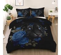 Tiger Animal Duvet Cover Set Twin Size, Blue Rose Bedding Set, Green Leave Comforter Cover with 2 Pillow Shams, Comfy Breathable Lightweight Mysterious Comforter Cover