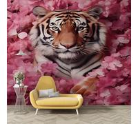 Tiger animals Photo Wallpaper, Pink Flowers Mural, Large Peel and Stick Self-Adhesive Wallpaper, Decoration Poster Wall Stickers for Bedroom Living Room TV Wall Decor 400*280cm (W*H) Modern Art