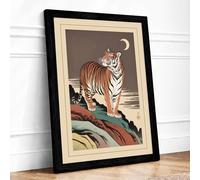 Tiger at Moonrise Japandi Framed Wall Art Print A4 Black