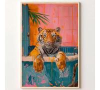 Tiger Bathtub Wall Art Pink Bathroom Aesthetic Poster Funky Orange Print Animal Humor Funny Trendy Preppy Colorful Abstract Painting 16x24inch No Frame