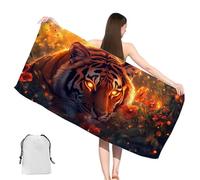 Tiger Beach Towel 90x200 cm Large Animal Microfibre Beach Towel for Adult with Pockets, Absorbent, Quick Dry, Sand Free, Lightweight Travel Towels, Essentials Gift for Swimming, Camping, Gym, yj-541