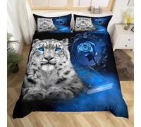Tiger Bedding Set Safari Cat Comforter Cover for Kids Boys Girls Teens Luxury Blue Rose Floral Duvet Cover Wild Animal Breathable Bedspread Cover Junior/Cot Bed Size