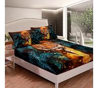 Tiger Bedding Sheet Wild Animal Wildlife Fitted Sheet for Kids Boys Girls Botanical Tropical Leaves Fitted Sheet Breathable Shine Double Size