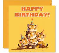 Tiger Birthday Cards for Her Him - Party Animals Pyramid - Happy Birthday Card for Mum Dad Brother Sister Auntie Uncle Cousin Friend Family Colleague 145mm x 145mm Bday Greeting Cards
