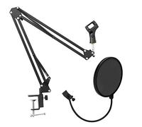 Tiger Black Microphone Suspension Boom Scissor Arm Stand Including Mic Clip, Table Mounting Clamp & Black Pop Filter