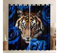Tiger Blackout Curtains for Bedroom, Blue Rose Window Curtains 2 panel Sets 66 x 72 Inch,Wild Animal Western African Animals Wildlife Flowers Window Treatments Drapes