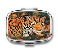 Tiger Botanical Print Pill Box 2 Compartment Small Square Pills Case Portable for Pocket Pill Organizer Travel Metal Pill Holder for Office Home Vitamin Medicine Fish Oil