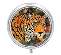 Tiger Botanical Print Round Pill Box 3 Compartment Small Pill Box Round Portable Pill Case to Hold Vitamins Medication Fish Oil and Supplements Travel Purse Pocket Gift