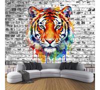 Tiger Brick Wall Printed Wallpaper, Premium Non-Woven Watercolor Wild Animals Wall Mural, Orange Color Photo Wallpaper, for Living Room Bedroom Home Office Wall Decoration - 300 x 210 cm