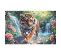 Tiger by Waterfall with Flowers And Greenery 1000 Piece Jigsaw Puzzle for All Ages Jigsaw Neighborhood Get Together Family Game Whimsical Design for Any Event 1000 PCS