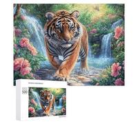 Tiger by Waterfall with Flowers And Greenery 500 Piece Jigsaw Puzzle for Teens 14+ Party Game Logic Thinking Gift for Social Gathering 500 PCS