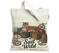 Tiger Canvas Tote Bag for Women, Adventure Nautical Compass Barrel Summer Orange Washable Reusable Market Tote Bag Ideas Fo, Orange, 13x15 Inch