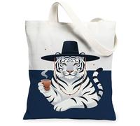 Tiger Canvas Tote Bag for Women, Modern Artistic Hat Cup None White Washable Reusable Grocery Bags Ideas for Shopping Trips Office Library Casual 13x15 Inch