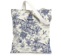 Tiger Canvas Tote Bag for Women, Oriental Nature Pagoda Plants None Navy Washable Reusable Everyday Tote Bag Ideas for Shop, Navy, 13x15 Inch