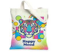 Tiger Canvas Tote Bag for Women, Playful Colorful Circle Square Summer Multicolor Washable Reusable Everyday Tote Bag for Shopping Brunch Park Library Day Trips 13x15 Inch