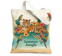 Tiger Canvas Tote Bag for Women, Summer Tropical Parrot Pineapple Summer Orange Washable Reusable Grocery Bags for Shopping Brunch Park Library Day Trips 13x15 Inch