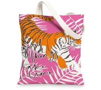 Tiger Canvas Tote Bags, Colorful Animal Print Reusable Shopping Bags, Fun Tropical Style Lightweight Washable Shoulder Tote, Peach, 13x15 Inch