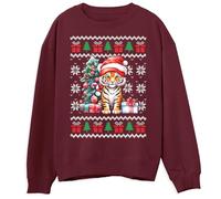 Tiger Christmas Sweater for Kids Festive Wild Animal Christmas Sweatshirt Ugly Xmas Jumper for Boys and Girls, 9-11 Years, Maroon