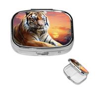 Tiger Colorful Sunset Pill Box 2 Compartment Medicine Pill Organizer Square Pill Case for Purse & Pocket Travel Pillbox Portable Metal Medicine Vitamin Fish Oil Organizer Unique Gift