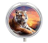 Tiger Colorful Sunset Pill Box with Mirror 3 Compartment Pill Organizer for Pocket Portable Medicine Container Holder to Hold Vitamins,Fish Oil