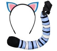 Tiger Costume Accessory Set, Tiger Ear Headband and Tail, Blue and White Striped for Teen Adults, Halloween Cosplay (Blue Black Rose)