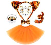 Tiger Costume Set Tiger Ears Headband Tail Bow Tie, Nose, Orange & Black Tutu Skirt Socks Gloves 7Pcs Animal Costumes Dress for Kids Girls Carnival Cosplay Halloween Christmas Birthday Party