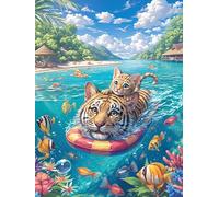 Tiger Cub Swimming in A Tropical River 1000 Pcs Jigsaw Puzzle Bundle Wildlife Plant Puzzle for Adults Teens 14+ Fun Family Game Mindful Activity Spring Gift Precision Cut Board 1000 PCS